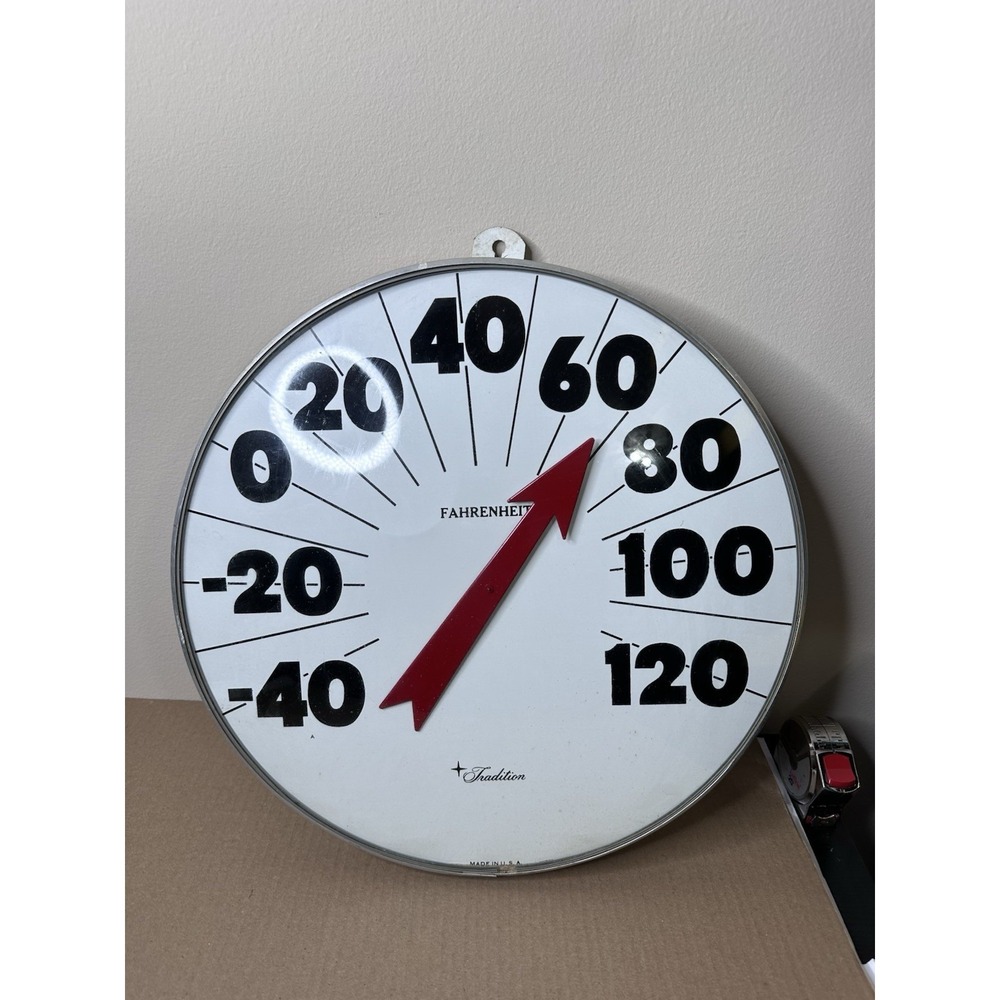 Vintage Tradition USA Large Round Wall Thermometer 18 Inch White Red Retro